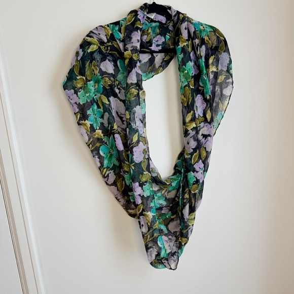 Floral Infinity Scarf - Black, Green, Purple - Picture 2 of 7
